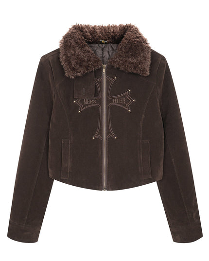 TALKLESSFASHION S / Brown coffee color American vintage nail bead cross fur collar jacket jacket for women 2025 fall loose casual versatile top