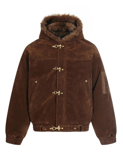 TALKLESSFASHION S / Brown Jiayiku trendy brand 2025 winter mountain carving American old money style wool collar cotton jacket padded jacket suede cotton jacket