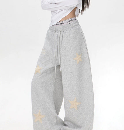 TALKLESSFASHION S / C02 Slacks - Grey Vintage star embroidery patch sports street dance sweatpants for women loose and lazy wind slim wide-leg jazz dance scimitar pants