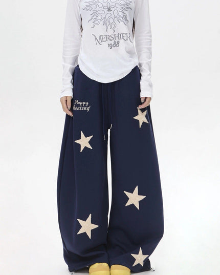 TALKLESSFASHION S / C02 Slacks - Navy Blue Vintage star embroidery patch sports street dance sweatpants for women loose and lazy wind slim wide-leg jazz dance scimitar pants