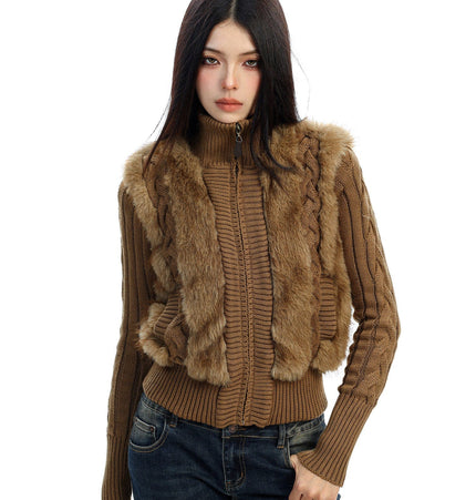 TALKLESSFASHION S / Card brown BIGGOLD Eco-friendly Fur Patchwork Stand Collar Twist Sweater Women's Autumn and Winter Slim Slimming Warm Knitwear Jacket