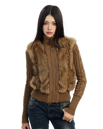 TALKLESSFASHION S / Card brown BIGGOLD Eco-friendly Fur Patchwork Stand Collar Twist Sweater Women's Autumn and Winter Slim Slimming Warm Knitwear Jacket