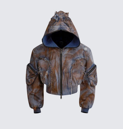 TALKLESSFASHION S / coat Wasteland style short hooded denim jacket men make old mud dye fake two pieces of broken structure raw edge jeans