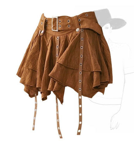 TALKLESSFASHION S / Coffee color 361 Wasteland style retro irregular ruffle skirt women's spring and summer design sense small man streamer pleated skirt