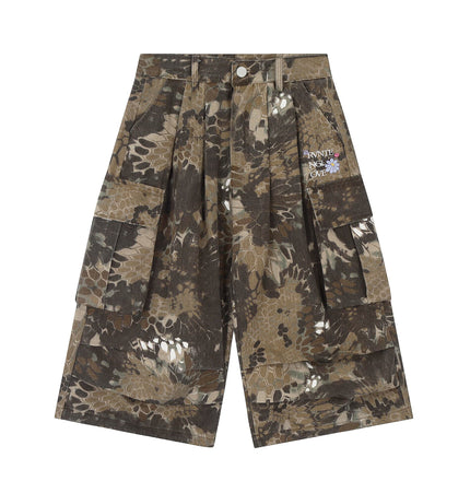 THETLSTUDIO S / Coffee color snake Snakeprint Camouflage Multi-Pocket Cargo Shorts