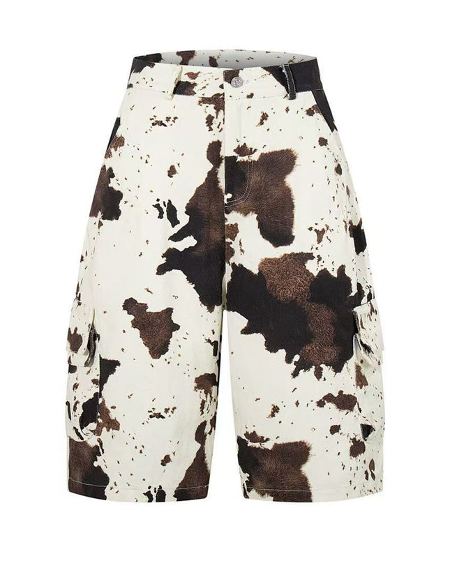 TALKLESSFASHION S / Cow color BLACKLISTS American vintage distressed cow print camouflage workwear cropped pants men's and women's scimitar wide-leg shorts summer