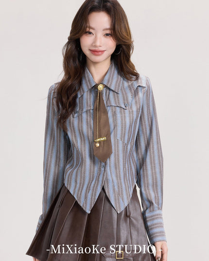 TALKLESSFASHION S / Curry shirt Mi Xiaoke American retro long-sleeved shirt women's spring college style with striped shirt and small temperament top
