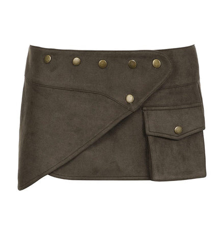 TALKLESSFASHION S / Dark brown VOstudio American retro workwear style studded pocket skirt sexy hottie low waist design short skirt