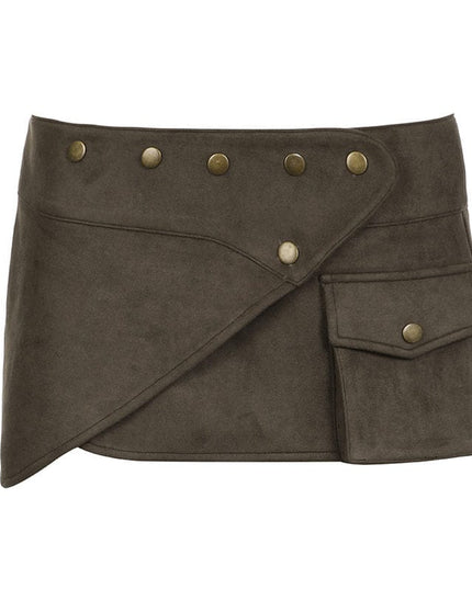 TALKLESSFASHION S / Dark brown VOstudio American retro workwear style studded pocket skirt sexy hottie low waist design short skirt