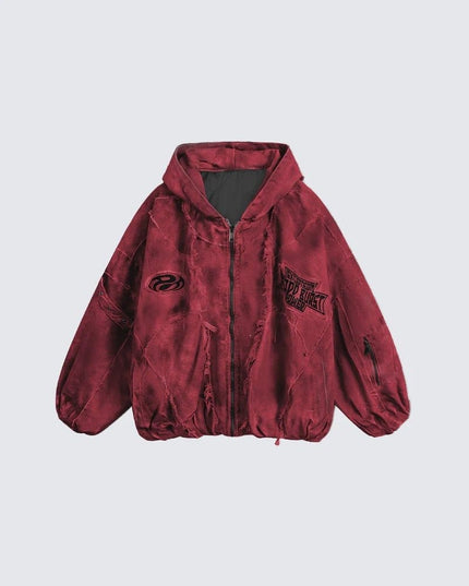 TALKLESSFASHION S / Dark red GUO WEAR wasteland style, national tide, mottled distressed overalls, men's and women's winter cotton clothes, casual and versatile