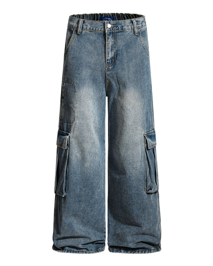 TALKLESSFASHION S / Denim Blue American retro washed multi-pocket wide-leg jeans for men and women couples are versatile and slim high street casual straight-leg pants