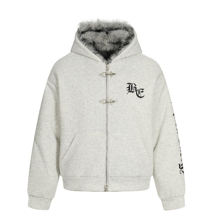 TALKLESSFASHION S / Flower ash Jiayiku trendy brand 2025 winter new American mountain carved fur collar cotton jacket fleece sweatshirt jacket hooded cotton jacket