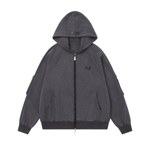 TALKLESSFASHION S / gray 25010 Retro High-End Neutral Trend Solid Color Deconstructed Jacket Design Men's Loose Cardigan Hooded Sweatshirt