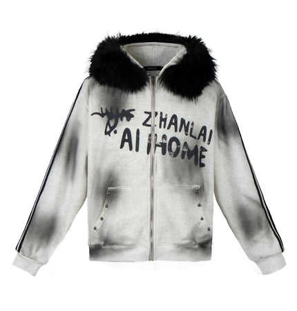 TALKLESSFASHION S / gray American fur collar detachable hooded fleece sweatshirt for women 2025 winter loose tie-dye distressed cardigan jacket for men