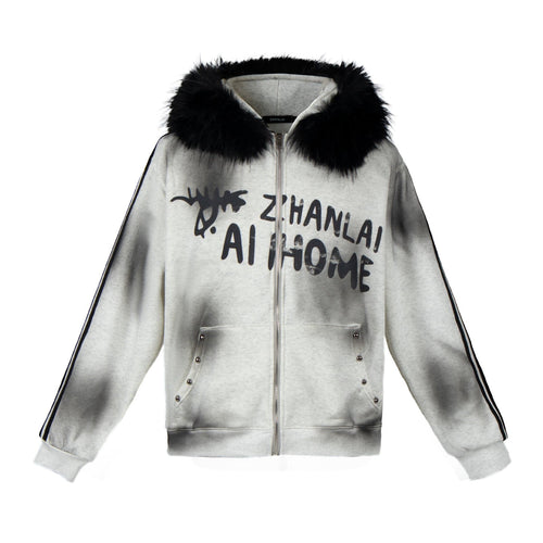 THETLSTUDIO S / gray American fur collar detachable hooded fleece sweatshirt for women 2025 winter loose tie-dye distressed cardigan jacket for men