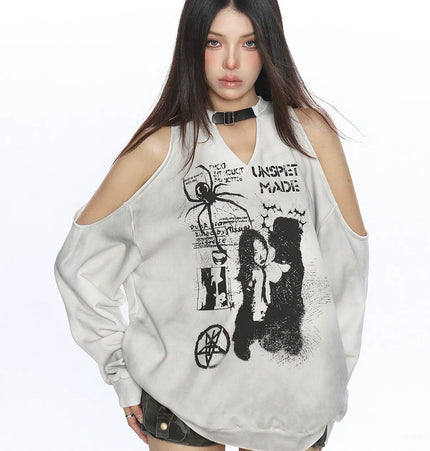 TALKLESSFASHION S / gray Graffiti Distressed Off-Shoulder Sweatshirt