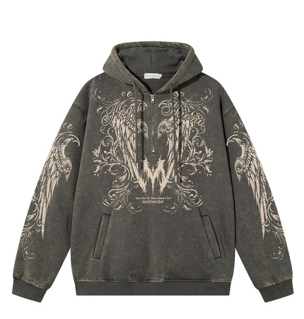 TALKLESSFASHION S / gray Graphic  Washed Hooded Pullover