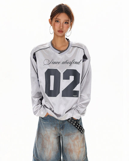 TALKLESSFASHION S / gray XPKAEAX American High Street Digital Print V-Neck Long Sleeve T-Shirt Men's and Women's Fall 2025 Jersey Sporty Top