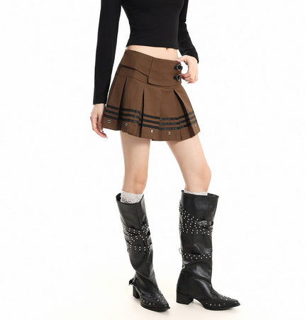 TALKLESSFASHION S / gray XPKAEAX American Vintage Striped Paneled Skirt Women's Spring New Leather Buckle Preppy Pleated Skirt