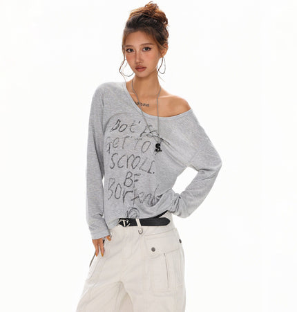 TALKLESSFASHION S / gray XPKAEAX Slightly Translucent Lightweight Letter Long Sleeve T-Shirt Women's 2025 Pre-Fall Loose Off-the-Shoulder Top American Slanted Shoulder Cover-Up