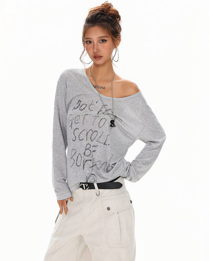 TALKLESSFASHION S / gray XPKAEAX Slightly Translucent Lightweight Letter Long Sleeve T-Shirt Women's 2025 Pre-Fall Loose Off-the-Shoulder Top American Slanted Shoulder Cover-Up