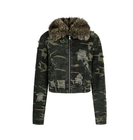 TALKLESSFASHION S / green Camo Wash Detachable Fur Jacket