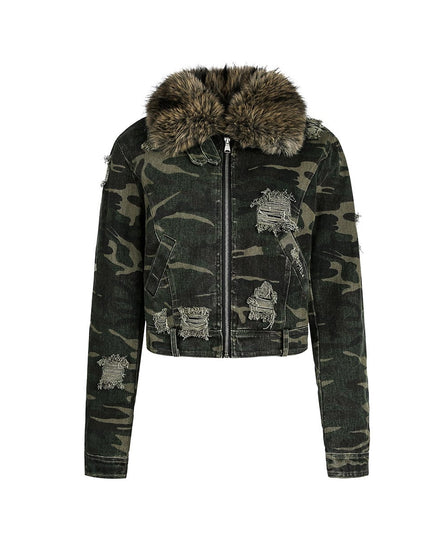 TALKLESSFASHION S / green Camo Wash Detachable Fur Jacket