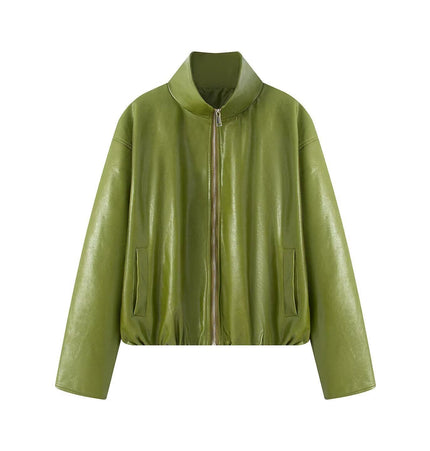 TALKLESSFASHION S / Green jacket Vienna Love Letter American retro high-end atmosphere cool sassy PU leather jacket sexy slim bandeau skirt set