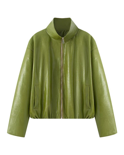 TALKLESSFASHION S / Green jacket Vienna Love Letter American retro high-end atmosphere cool sassy PU leather jacket sexy slim bandeau skirt set