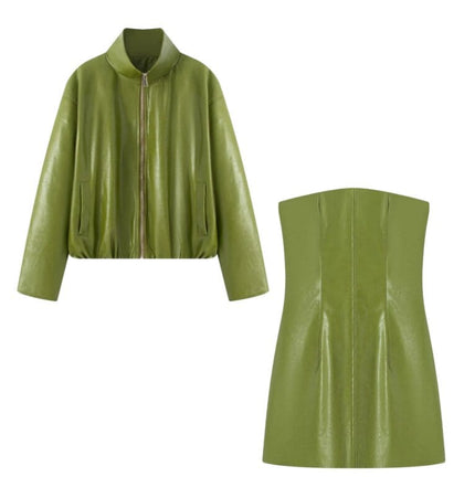 TALKLESSFASHION S / Green suit set Vienna Love Letter American retro high-end atmosphere cool sassy PU leather jacket sexy slim bandeau skirt set