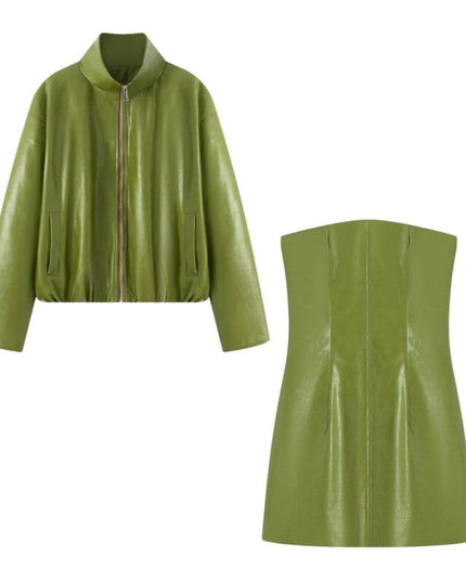 TALKLESSFASHION S / Green suit set Vienna Love Letter American retro high-end atmosphere cool sassy PU leather jacket sexy slim bandeau skirt set