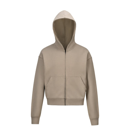 TALKLESSFASHION S / Khaki 0036 American retro trend men's and women's high street version design solid color men's zipper short and wide hooded sweatshirt