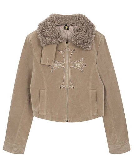 TALKLESSFASHION S / Khaki American vintage nail bead cross fur collar jacket jacket for women 2025 fall loose casual versatile top