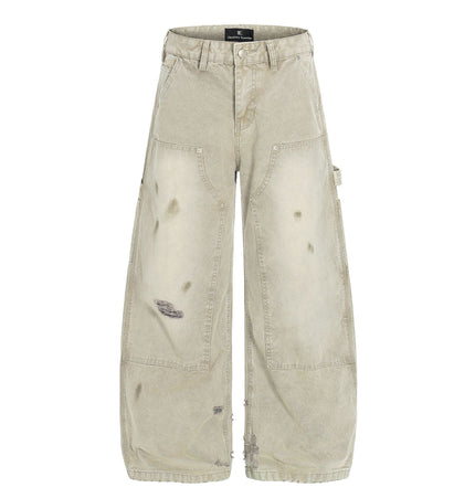 TALKLESSFASHION S / Khaki American wasteland style distressed jeans men deconstruct niche design loose straight wide-leg cargo pants women