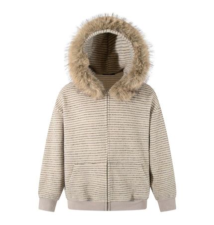 TALKLESSFASHION S / Khaki Striped Hooded Hooded Sweatshirt Jacket