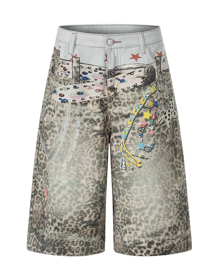 TALKLESSFASHION S / Leopard print BLACKLISTS American 3D printed belt leopard print denim cropped pants for men and women with a sense of design feel distressed wide-leg shorts