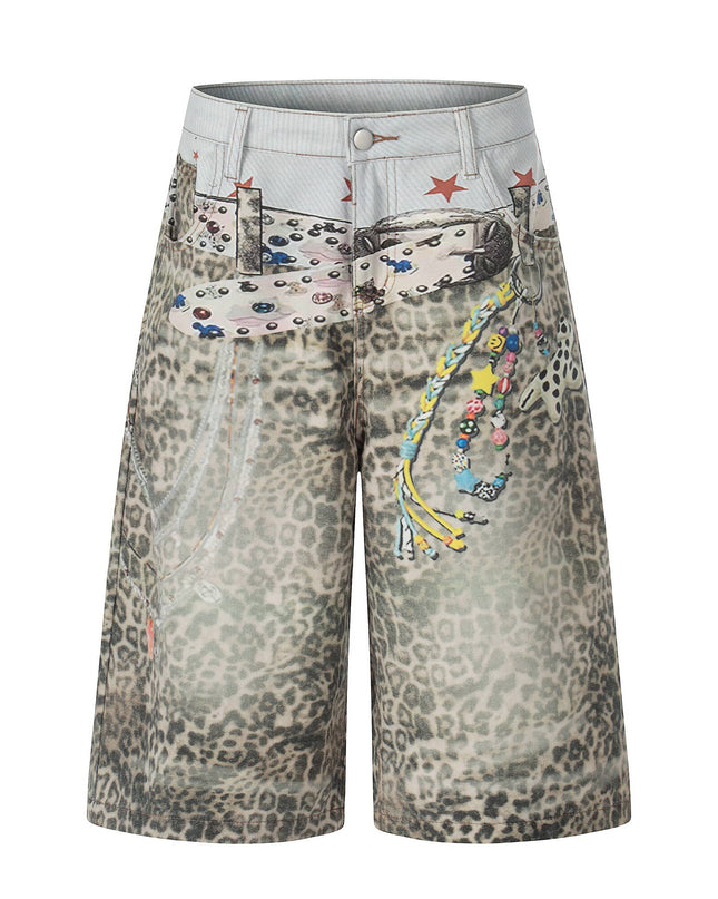 TALKLESSFASHION S / Leopard print BLACKLISTS American 3D printed belt leopard print denim cropped pants for men and women with a sense of design feel distressed wide-leg shorts