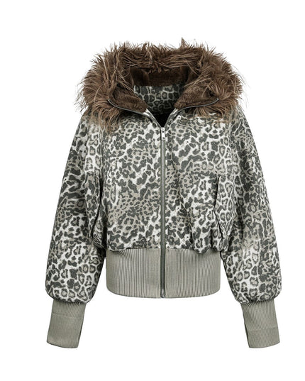 TALKLESSFASHION S / Leopard print mountain carved fur collar cotton jacket leopard print jacket