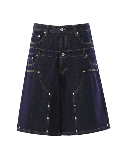 TALKLESSFASHION S / Navy blue BLACKLISTS American deconstructed topline design sense riveted denim cropped pants men's and women's fake two-piece cargo shorts