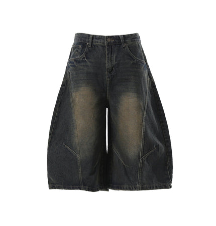 TALKLESSFASHION S / Navy blue BLACKLISTS American retro deconstructed silhouette washed scimitar denim shorts cropped wide-leg cropped pants for men and women