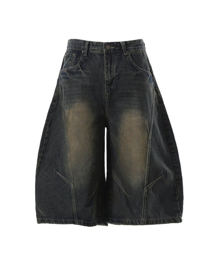 TALKLESSFASHION S / Navy blue BLACKLISTS American retro deconstructed silhouette washed scimitar denim shorts cropped wide-leg cropped pants for men and women
