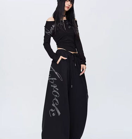 TALKLESSFASHION S / NK132 Sweatpants - Black Vintage hip hop hot diamond black hip hop casual sweatpants women's winter design jazz dance scimitar pants