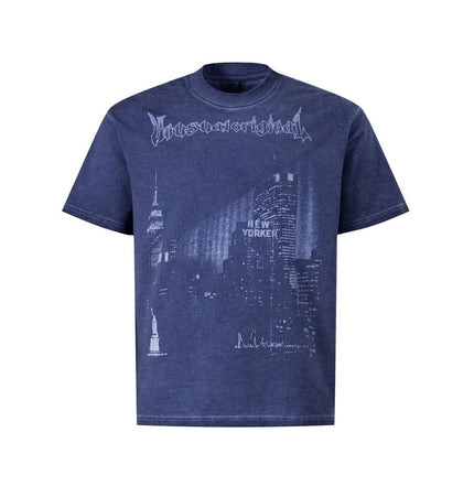 TALKLESSFASHION S / Old blue Abstract print T-shirt short sleeve men's top cotton crew neck casual shirt loose summer ins hip hop street trend