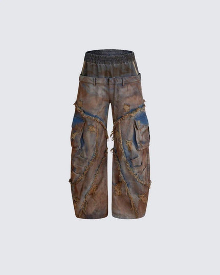TALKLESSFASHION S / pants Wasteland style short hooded denim jacket men make old mud dye fake two pieces of broken structure raw edge jeans