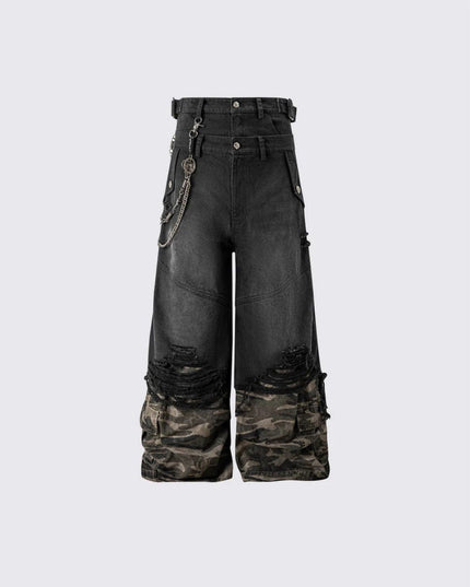TALKLESSFASHION S / Photo Color 2025 American High Street RO Style Heavy Washed Camouflage Embroidered Jeans Fake Two Wide-Leg Pants