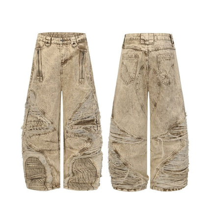 TALKLESSFASHION S / Picture apricot 2025 New Scimitar Denim Pants High Street Wasteland Style Torn Raw Edge Loose Slimming Washed Jeans