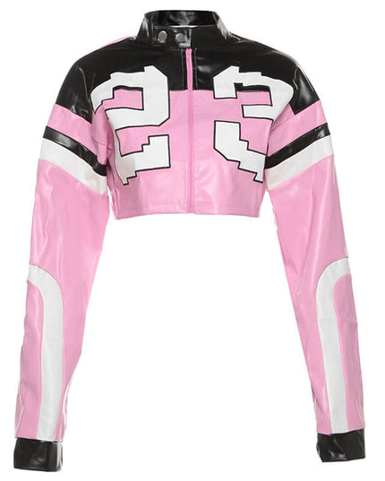TALKLESSFASHION S / pink European and American foreign trade 2025 summer women's new fashion locomotive contrast embroidery splicing slim imitation leather jacket jacket