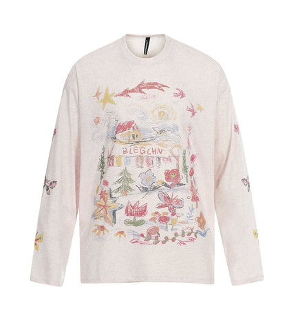 TALKLESSFASHION S / pink Jiayiku's 2026 spring/summer new printed T-shirt long-sleeved American trendy brand personalized graffiti color sports base shirt