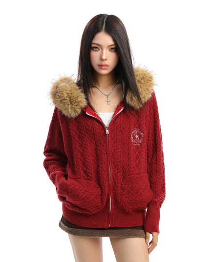 TALKLESSFASHION S / red BIGGOLD Christmas and New Year fur collar hooded red sweater women's autumn and winter atmosphere warm knitted cardigan top