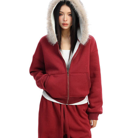 TALKLESSFASHION S / Red jacket BIGGOLD Red Battle Robe Fur Collar Hooded Sweatshirt Women's Autumn Winter New Year Top Christmas Plush Pants Two-Piece Set
